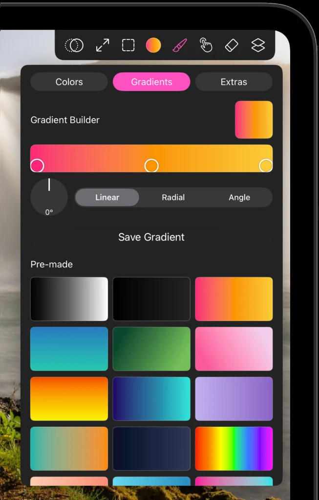 The gradient editor with color stops along the blend bar