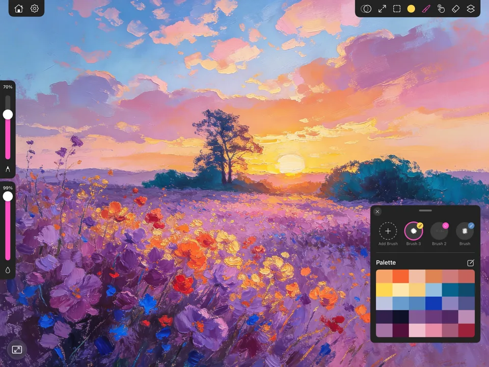 An oil painting of a flower field with the color palette open